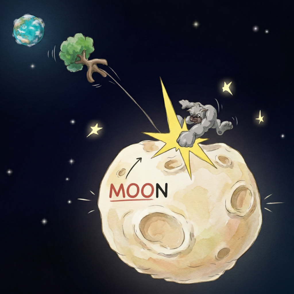 MOOn written on the moon in the story scene