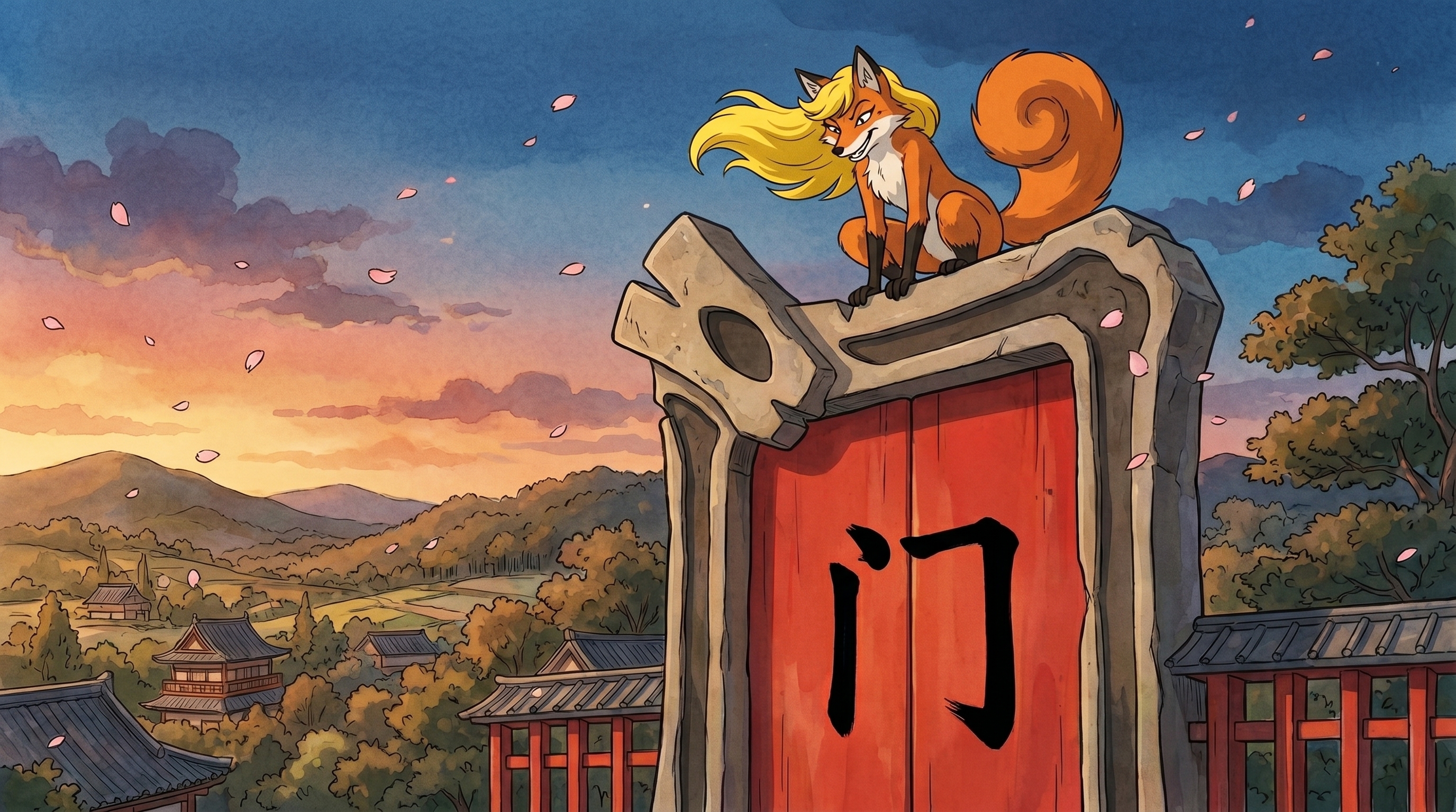 A Ghibli-style illustration of a Chinese gate with a fox perched on top